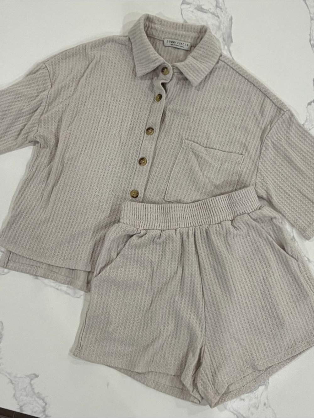 Paper Crane Waffle Knit 2-Piece Lounge Set Beige Oatmeal XS Cozy Cottagecore